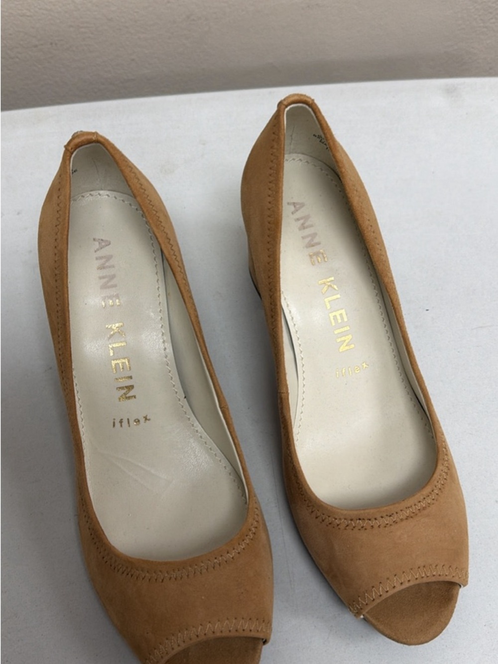 Anne Klein Camel Suede Peep-Toe Pumps